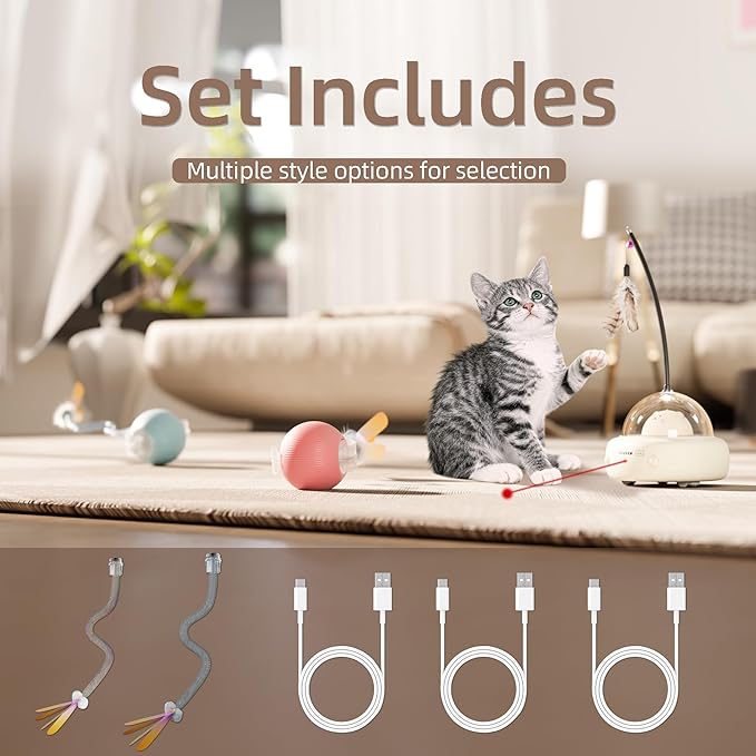 Interactive Cat Toys Set, 1 Automatic Laser Toy with Feather Wand and 2 Cat Ball Toys, Rechargeable 3-in-1 Pet Toys for Indoor Cats and Kittens