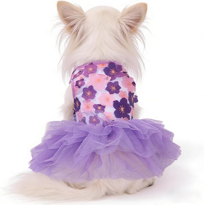 Dog Dress, Fashion Puppy Tutu Princess Dresses for Small Dogs Girl, Sweet Skirt with Dog Bowknot Clips, Spring Dog Cat Clothes Pet Apparel (Purple Floral Dress, Medium)