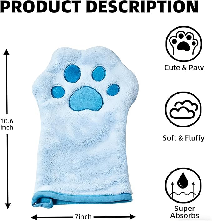 Paw Bathing Towel for Cats Puppy, Machine-Washable Reusable Pet Grooming Towel - Soft, Absorbent Quick-Dry Bath Mitt for Dirt Odor Removal, Daily Care & Travel -Blue
