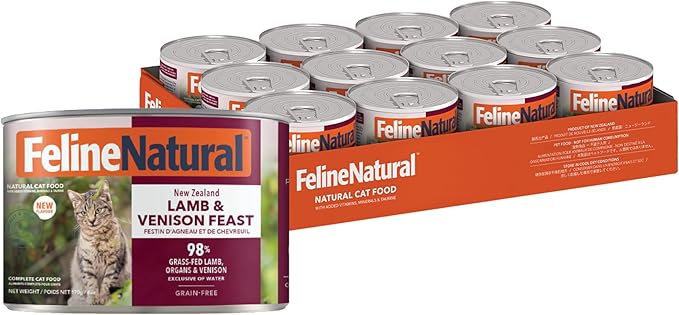 Feline Natural New Zealand Canned Wet Food, High-Meat, Low-Carb, & Grain Free Cat Food Wet, Lamb and Venison, 6 oz, Pack of 12