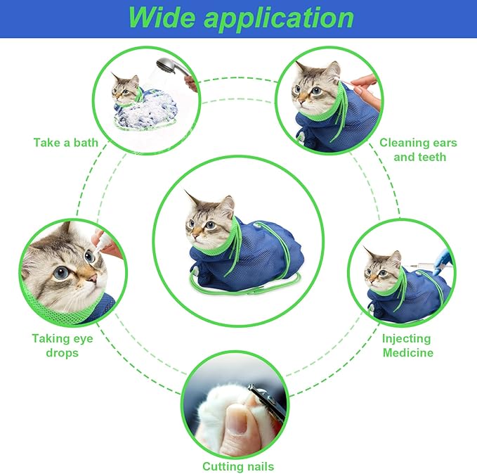 Catcan Cat Bathing Bag, Breathable Cat Grooming Bag, Anti Scratch Adjustable Cats Shower Washing Bag with Mesh for Nail Trimming