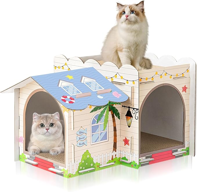 Lineshading 2 Story Cardboard Cat House with Scratcher Pad, Multi Level Durable Cat Scratcher House for Small Kitten Bunny Rabbit Animals Christmas Birthday Gift(17x12x10,Beach)