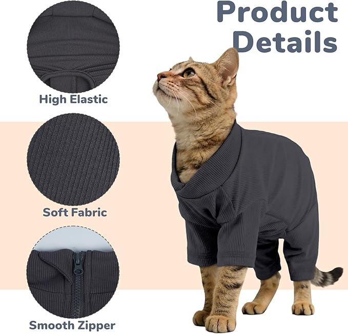 Sticky Hair Cat Clothes, Breathable & Lightweight, Reduces Shedding Fur Pajamas, Full Body Long Sleeve Surgical Bodysuit, Stop Licking & Shedding Darkgrey M