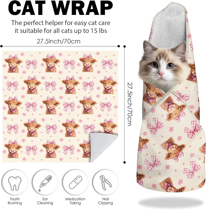27.6"Cat Grooming Wrap, Self Adhesive Cat Wrap for Cutting Nail, Anti-Escape Calming Cat Swaddle Wrap for Medicine Ear Cleaning, Cow Anti-Scratch Cats Burrito Restraint Blanket, Pet Tool (6-10 lbs)