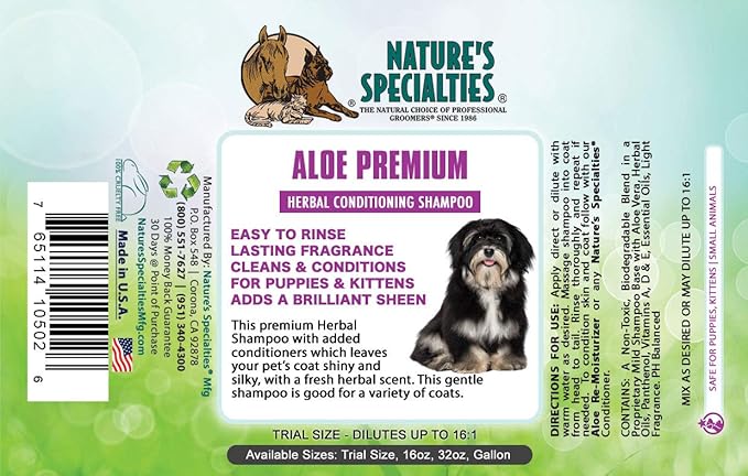 Nature's Specialties Aloe Premium Ultra Concentrated Dog Shampoo Conditioner for Pets, Makes up to 2 Gallons, Natural Choice for Professional Groomers, Herbal Aloe Infused Formula, Made in USA, 16 oz