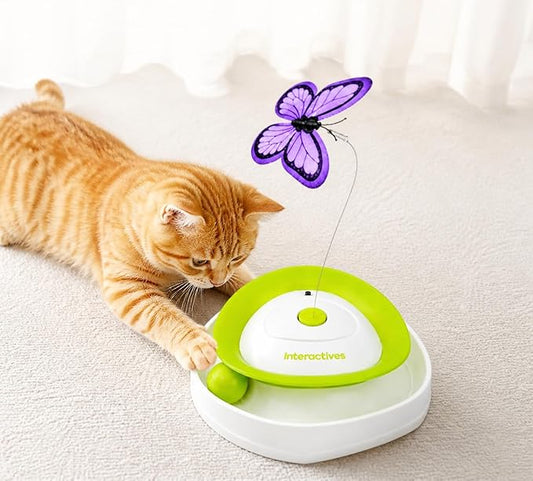2-in-1 Automatic Interactive Kitten Toy, Fluttering Flashing Butterfly, Rolling Track Ball, Kitty Flutter Toy for Indoor Cats or Small Dog