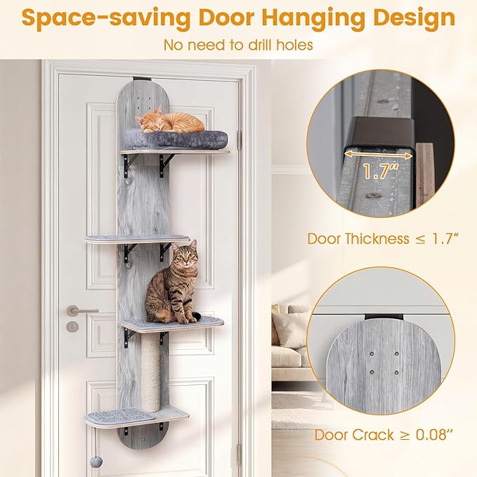 PETSITE Door Mounted Cat Tree, 58.5-61.5 Inches Height Adjustable Hanging Cat Climber with Scratching Post, Detachable Scratching Mats, and Comfy Plush Cat Bed (Grey)