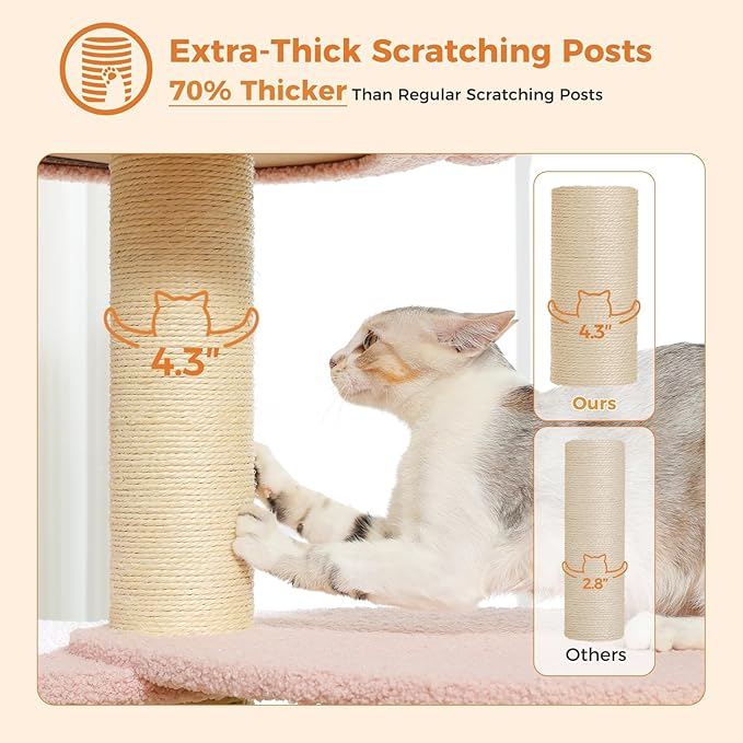 Flower 50-Inch Heavy-Duty Cat Tree for Large Cats - Sturdy Cat Tower with Extra-Thick Scratching Posts (φ4.3), Spacious Condo, 2-Layer Baseboard for Maine Coon & Big Cats up to 16 lbs, Pink