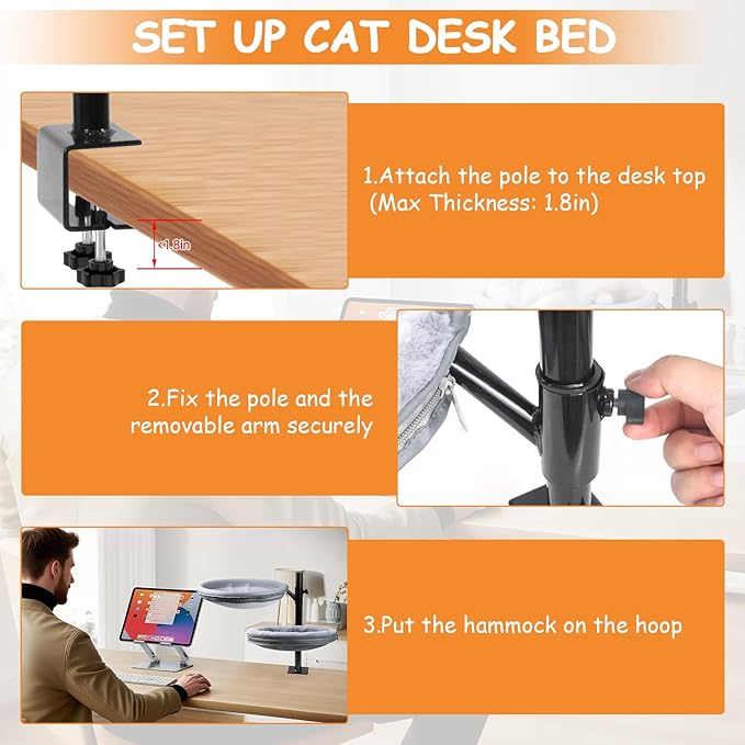 Double Layer Large Cat Desk Bed, 360° Rotating & Adjustable Shelf, 15" Thickening Desk Mounted Cat Bed with 2 Perches Holds Up to 66lbs for Office/Home