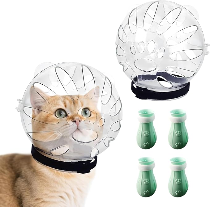 Cat Head Cover,Cat Bubble Muzzle,Cat Helmet for Grooming,Adjustable Hood,Anti-Bite Helmet,with 4 Silicone Paw Shoes,for Pet Bathing Shaving Nail Trimming