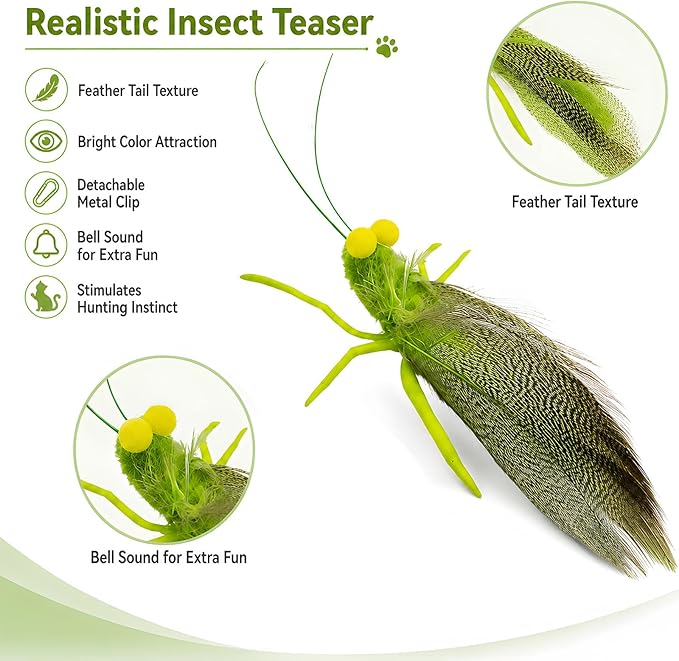 Cat Teaser Wand with 3 Grasshopper Tops, 16.5” Interactive Cat Fishing Pole Toy, Bug on String Toy for Indoor Kittens, Fun Exercise & Play