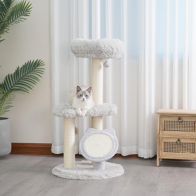 Petpals Medium Size Cat Tower with Replaceable Sisal Scratching Posts, Cat Head Shaped Sisal Scratching Pad and 2 Platform Shag Faux Fur View Perchs, for Indoor Cats, Light Grey (Light Grey)