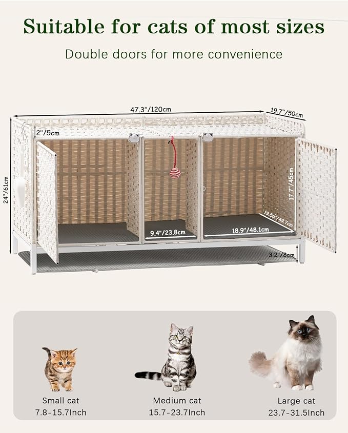 SETVSON Cat Litter Box Enclosure for 2 Cats, Hidden Litter Box Furniture with Mat, Large Rattan Cat House with Double Room and Door, 47.3 L x 19.7 W x 24 H, 2 S-Shaped Hooks for Living Room White