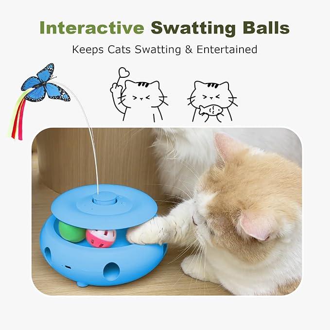 Interactive Cat Toy for Indoor Cats, 3-in-1 Automatic Kitten Toys with Fluttering Butterfly, Ambush Feather and Track Balls, USB Rechargeable Electric Cat Enrichment & Exercise Toy