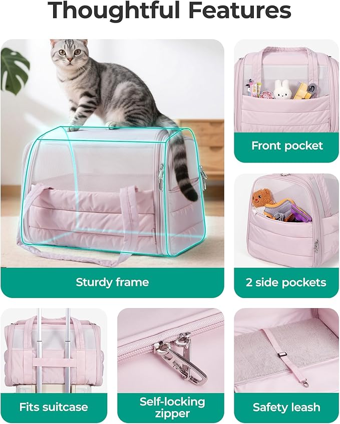 BAGSMART Cat Carrier: Soft-Sided Pet Carrier for Small Medium Cats Dogs Puppy Quilted Collapsible Puffy Travel Bag Up to 20 Lbs Sage Green
