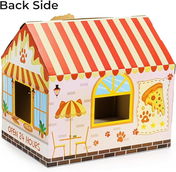 Tlence 2 Pack Cardboard Cat Houses with Scratcher, 16.5''x12.25''x15'' Cat Hideaway Playhouse, Kitty Scratching Beds for Indoor Cats, Pizza Shop Cat Furniture Condo Cave Tent for Bunny Small Animals