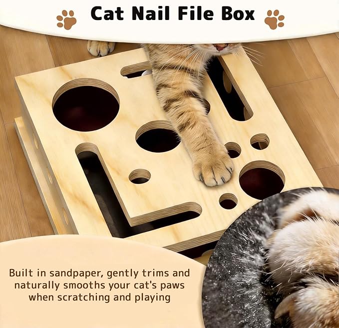 Cat Nail File Scratcher, Cats Claw Saver Box with 3 Balls, Large Solid Wood Construction Cat Nail File Enrichment Box with Sandpaper Inside,Alternative to Nail Clippers
