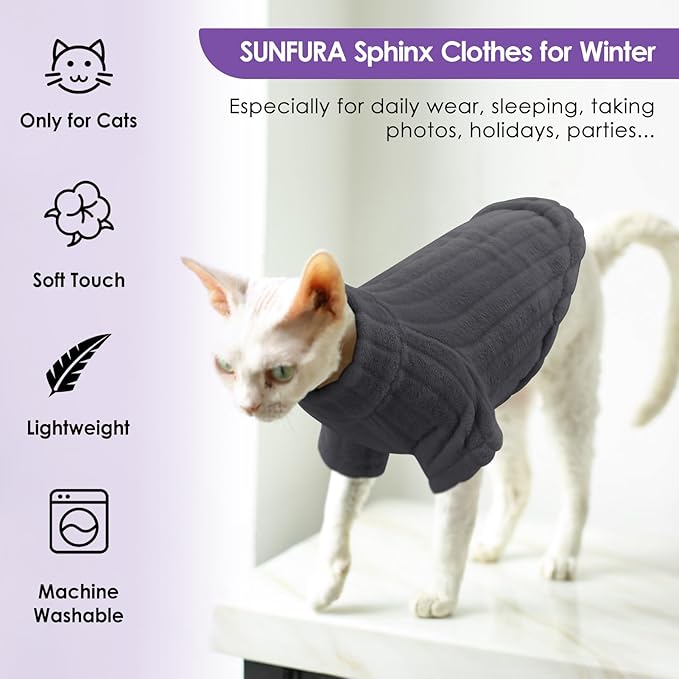 Sweaters for Cats, Hairless Sphynx Sweater Kitten Pullover with Sleeves, Warm and Soft Cat Pajamas Fleece Sweatshirt Jumpsuit, Turtleneck Clothes for Fall Winter, Grey S