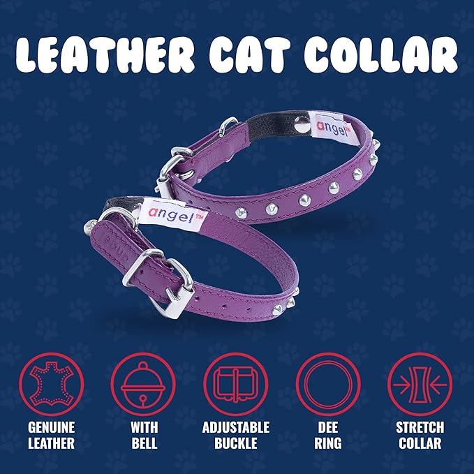 Studded Cat Collar, Genuine Leather Kitten Collar, Sturdy Breakaway Cat Collar with Bell and Elastic Stretch,Cat Accessories, Orchid Purple, 12 x 1/2 inches - Angel Pet Supplies