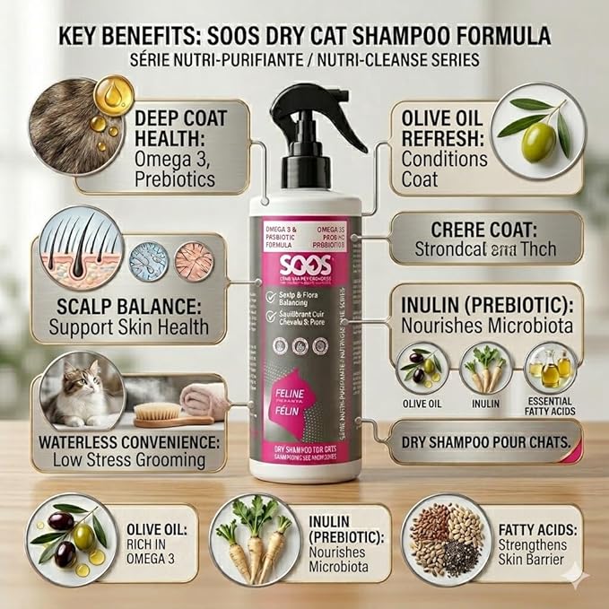 SOOS Nutri-Cleanse Waterless Cat Shampoo - Grooming Spray Omega-3 Enriched Dry Foam for Coat Deodorizing & Cleaning - 473ml