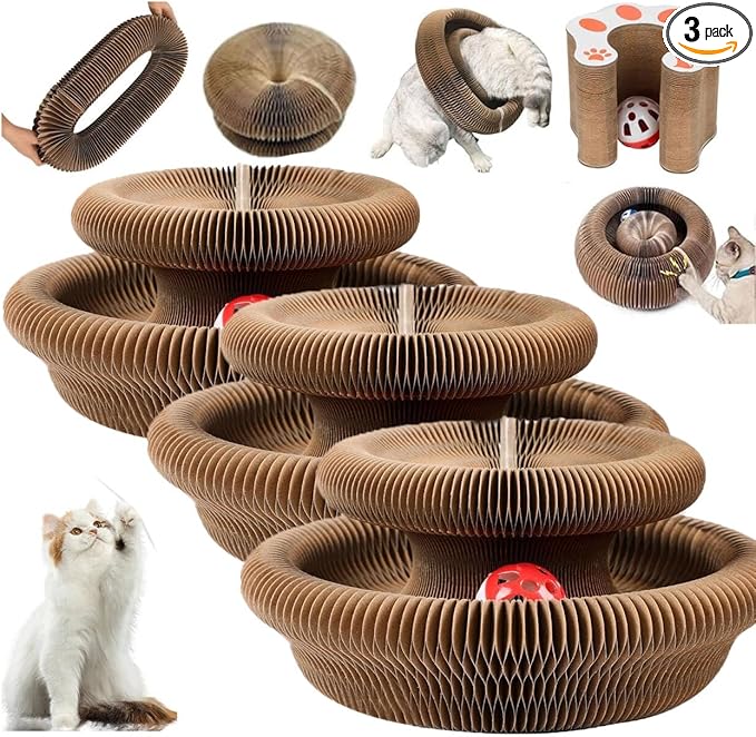 3PC Kitty Curls Cat Toy,Magic Organ Cat Toy,Cat Scratcher for Grinding Claw Cardboard Cat Toys,Interactive Scratch Pad with Toy Ball,Durable Eco-Friendly Ring for Play, Chase & Scratch
