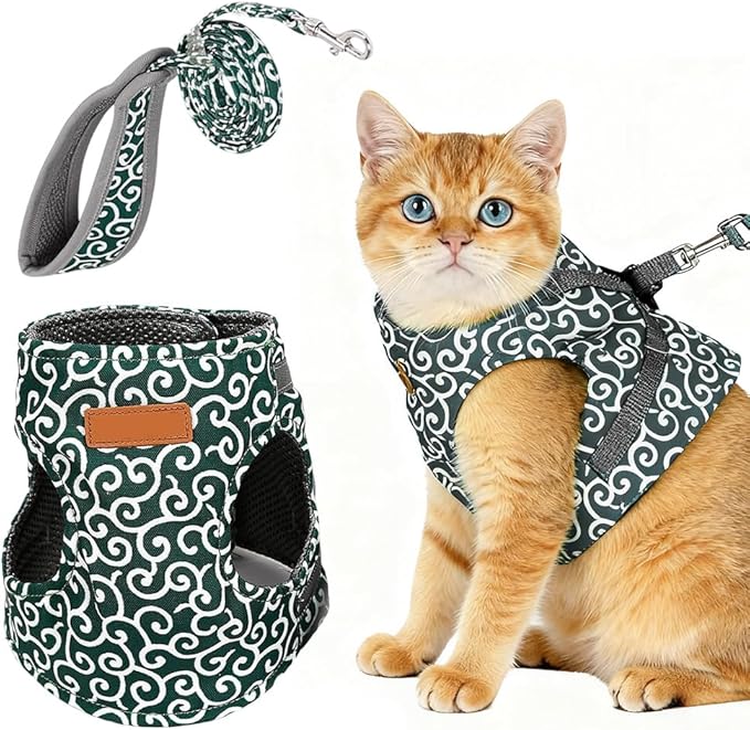 Cat Dogs Vest Harness and Leash Escape Proof, Soft Breathable Mesh and Comfortable Cat Harness and Leash Set, Anti Break Away Chest Strap Kitty Clothes for Travel Walking (Green, XS)