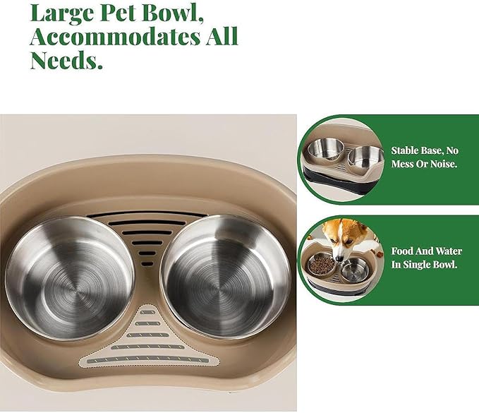 Gralara Cat Water and Food Bowl Feeder Feeding Dish Easy to Clean Non Slip Double Bowl Pet Feeder for Small Dogs, Brown