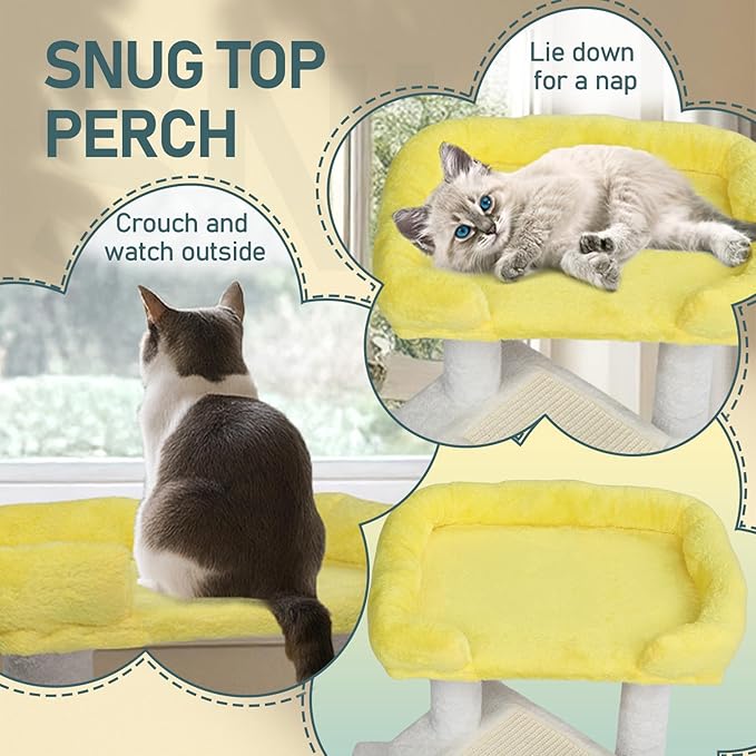 Cat Tree, Carpet Cat Tower for Indoors Cats, Cute Wood Kitty Condo with Scratching Post and Pad, Multi-Level Modern Activity Climbing Furniture for Small and Medium Cats (White)
