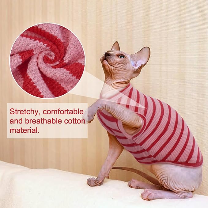 Sphynx Cat Clothes, Breathable Hairless Cat Shirts, Stripe Kitten T-Shirts Sleeveless, Pullover Cat Sweaters, Pet Summer Apparel for Sphynx, Cornish Rex, Devon Rex, Peterbald, Small Dogs