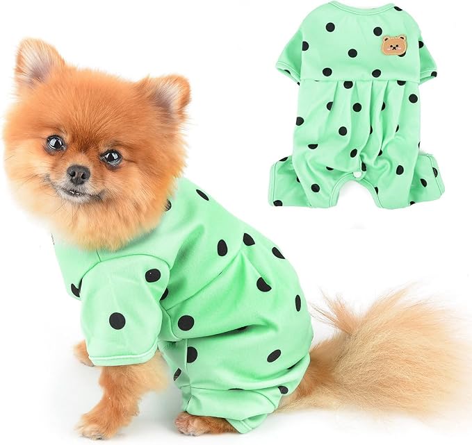 PAIDEFUL Polka Dot Dog Pajamas for Small Dogs, Lightweight Four-Leg Puppy One-Piece with Belly Coverage, Soft Pullover Sleepwear for Chihuahua Yorkie and Cats, Green, L