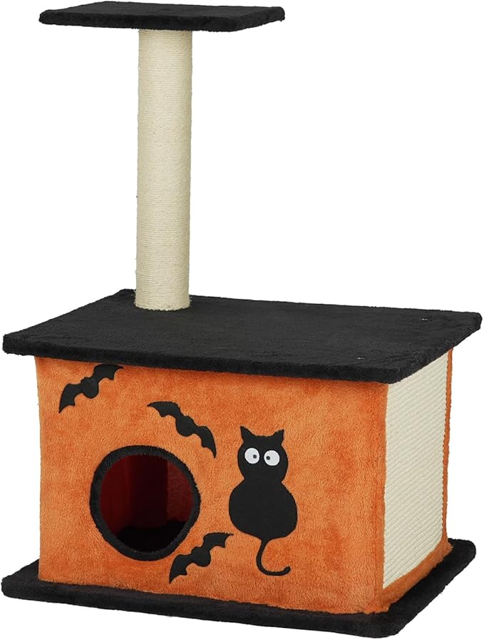 33" Halloween Cat Tree with Spacious Cat Condo, Small Cat Tower for Indoor Cats with Large Platform, Sisal Scratching Post - Spooky Cat Furniture for Small to Medium Cats, Orange & Black