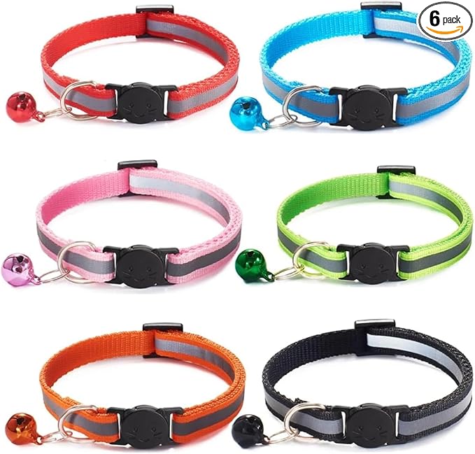 Reflective Safety Cat Collar with Bell, Nylon Adjustable Breakaway Collar 6-Pack Assorted Colors