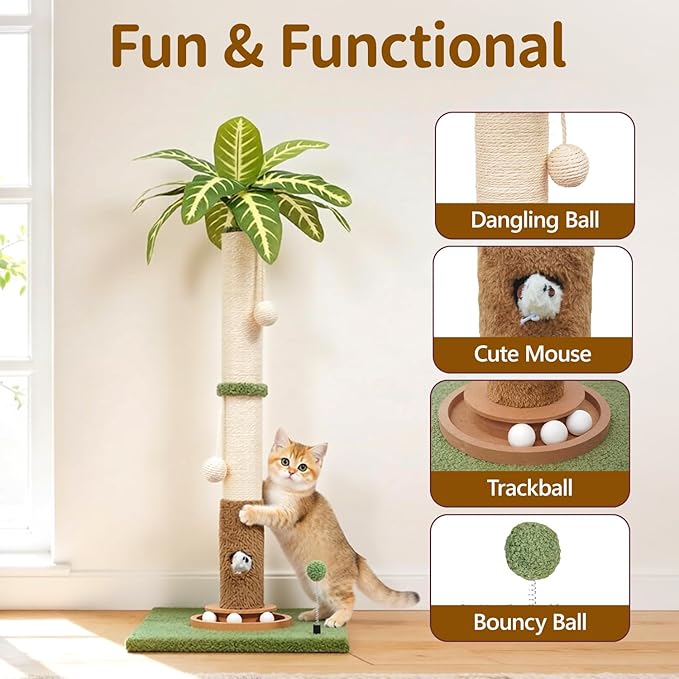 Cat Scratching Post Tall Vertical for Indoor Cats, 35" Palm Tree Leaves Sisal Pole for Large Cats Kittens, Heavy Duty Wooden Carpet Pole with Interactive Track Balls, Furniture Protection