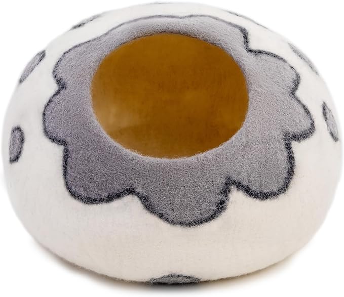 Woolygon Premium Felt Cat Cave Bed – Wool Kitty Beds Handcrafted Kitten Caves Bed for Indoor Cats - Made from Merino Wool, Foldable Cat Hideaway Covered Cat House Pod (White Flower)