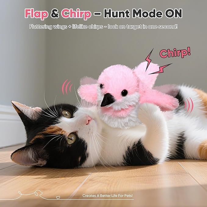 Petbobi Flappy Bird Cat Toy - Realistic Interactive Cat Toy with Sparrow Bird Chirp Tweet Flapping Wings (Non-Flying Design), Rechargeable Motion-Activated Catnip Toys for All Breeds Kittens, Pink