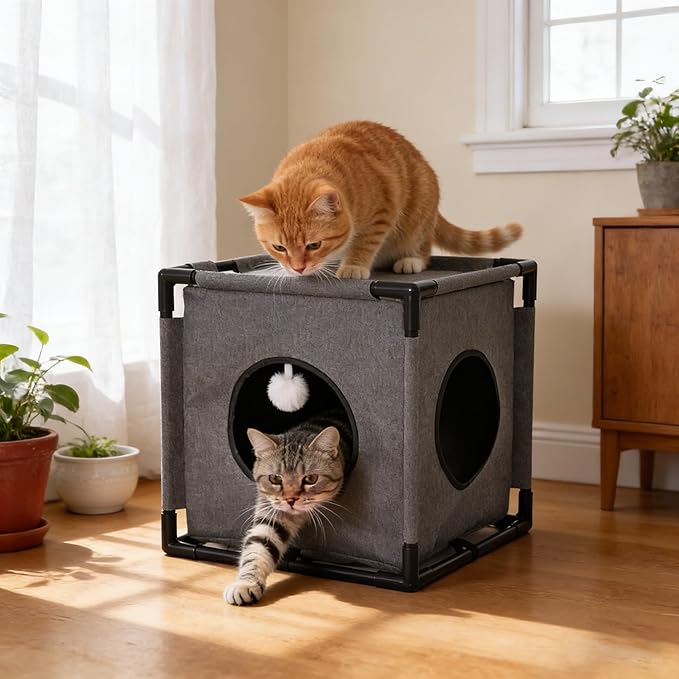 Cat Beds for Indoor Cats - Cat Hideaway，Muti-Functional Cat Cave Bed with Soft Velvet Pad and Fluffy Ball，Elevated Cat House for Multiple Cats，Grey
