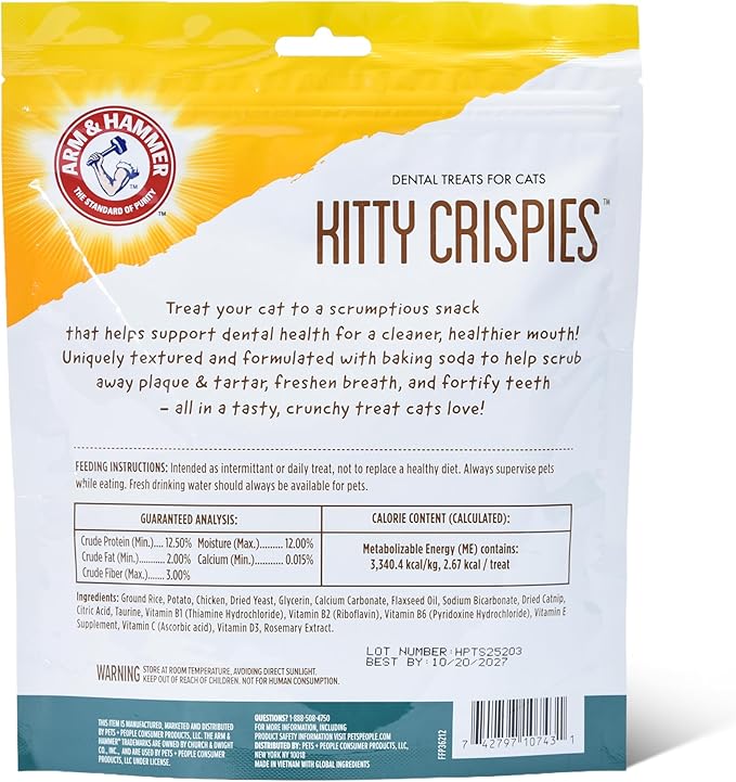 Arm & Hammer Kitty Crispies Dental Cat Treats, Baking Soda & Calcium Formula, Fights Bad Breath, Plaque & Tartar Without Brushing, Highly Digestible, Chicken Flavor, Adult Cats, 10 Oz