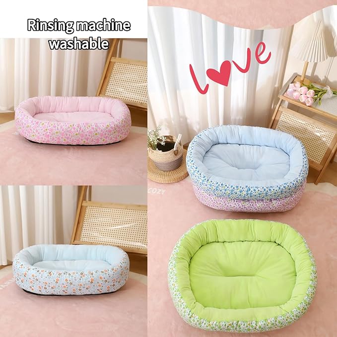 Floral Print Cat Beds for Indoor Cats Cozy Plush Fabric, Supportive Raised Sides, Non-Slip Bottom Washable Mat for Small Medium Pet Puppy Dog (Pink,Large)