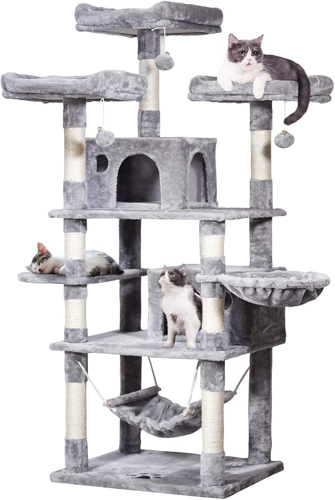 MQ Multi-Level Cat Tree, Activity Centre Cat Tower Furniture with Sisal-Covered Scratching Posts, 3 Padded Plush Perches, Dual Condo & Basket, Removable Hammock, for Large Cats, Grey