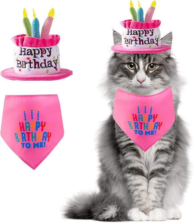 Cat Happy Birthday Cake Hat & Bandana Scarfs Set with Colorful Candles for Small Animas, Cat Birthday Party Supplies Decorations (Pink)