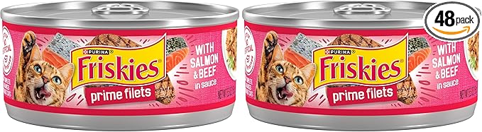 Friskies Purina Prime Filets with Salmon and Beef in Sauce High Protein Wet Cat Food - 5.5 oz. Cans (Pack of 48)