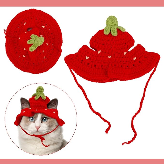 Knitted Hats for Cats, Adorable Crochet Kitten Cap Soft Pet Costume Headwear Small Knit Cap Decor for Dog Cat Kitten Puppy Holiday Photo Sessions & Celebration Decor (Strawberry Style)