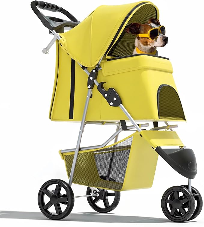 Magshion 3-Wheel Pet Stroller, Foldable Travel Jogger for Small & Medium Dogs & Cats (Up to 33lbs), Lightweight Carrier with Breathable Mesh Cover, Cup Holder & Storage Basket, Yellow