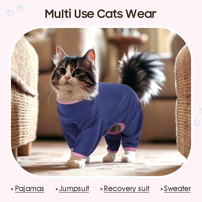 DENTRUN Cat Clothes for Hair Control with Hair Sticky Fabric - Soft Recovery Suit & Breathable Lint-Resistant Cat Sweater for Cats Only, Kitten Onesie Pajamas, S, Blue