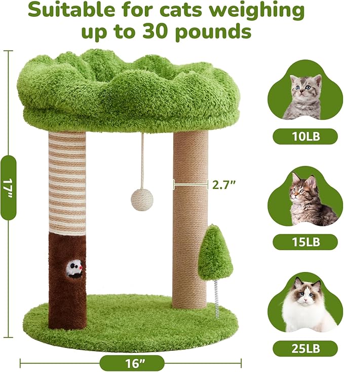 WOOCHPET Small Cat Tree with Perch Cat Bed and Removable Cover 23 inch Tall Cat Tower with 2 Scratching Sisal Scratching Posts and Cat Toys for Kittens and Adult Cats（Green）