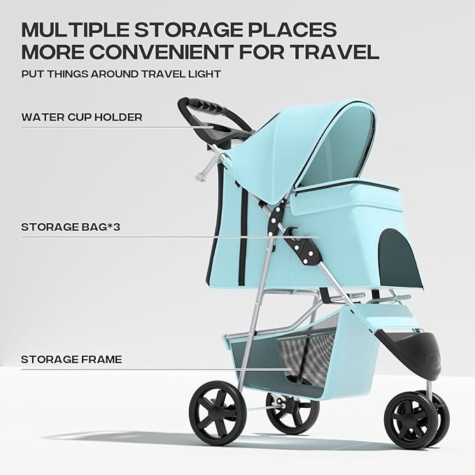 Cat Dog Stroller,3-Wheels Pet Stroller for Medium/Puppy Dogs 30 Lbs, with Storage Basket and Cup Holder, Breathable Mesh Mint