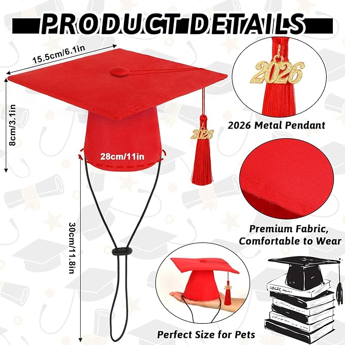 JULMELON Pet Graduation Caps with 2026 Red Tassels, Dog and Cats Graduation Red Hats Adjustable Mini Graduation Caps for AKC Graduation Photo Props Holiday Costume Accessories