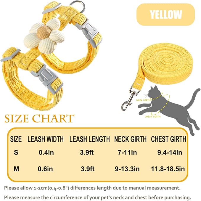 LeLehome Cat Harness and Leash Set Escape Proof Comfortable Lightweight Adjustable Strap for Walking, Travel, Kitten, Puppy, Rabbit (Yellow Flower)