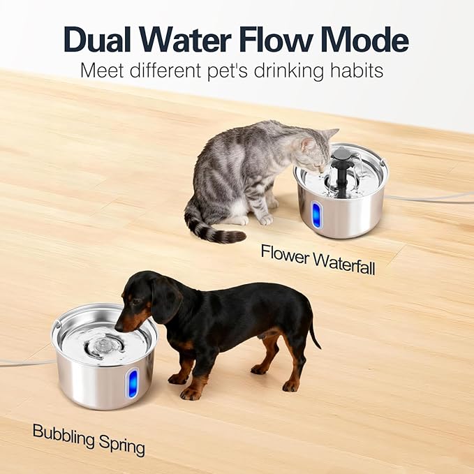 3L/101oz Stainless Steel Cat Water Fountain for Indoor Use - Ultra Quiet Automatic Cat Fountain for Drinking, BPA-Free Pet Water Dispenser for Cats/Small Dogs LED Window (2 Filters 2 Sponges)