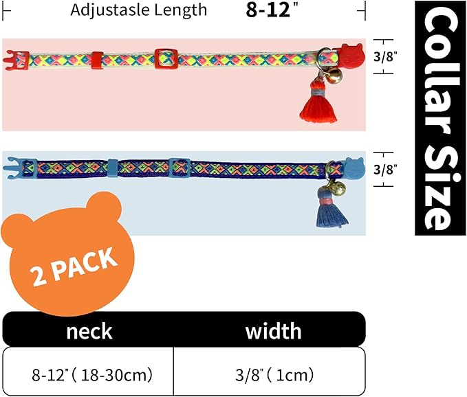 2 Pack Cat Collar Breakaway Cute Colorful Pattern for Cat Boy Girl Adjustable Length Collar with Little Bell Tassel Tribal Bohemian Pattern (2 Pack⎮Orange+Blue)
